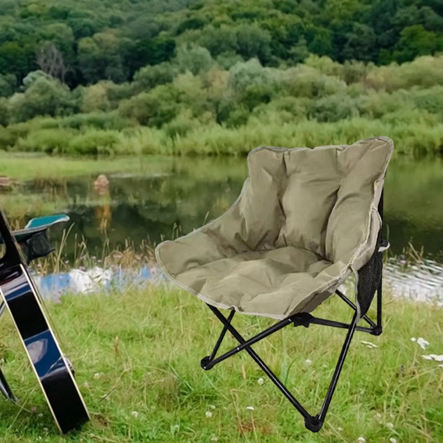 Folding Moon Chair for Camping with Padded Seat and Back Support, Khaki