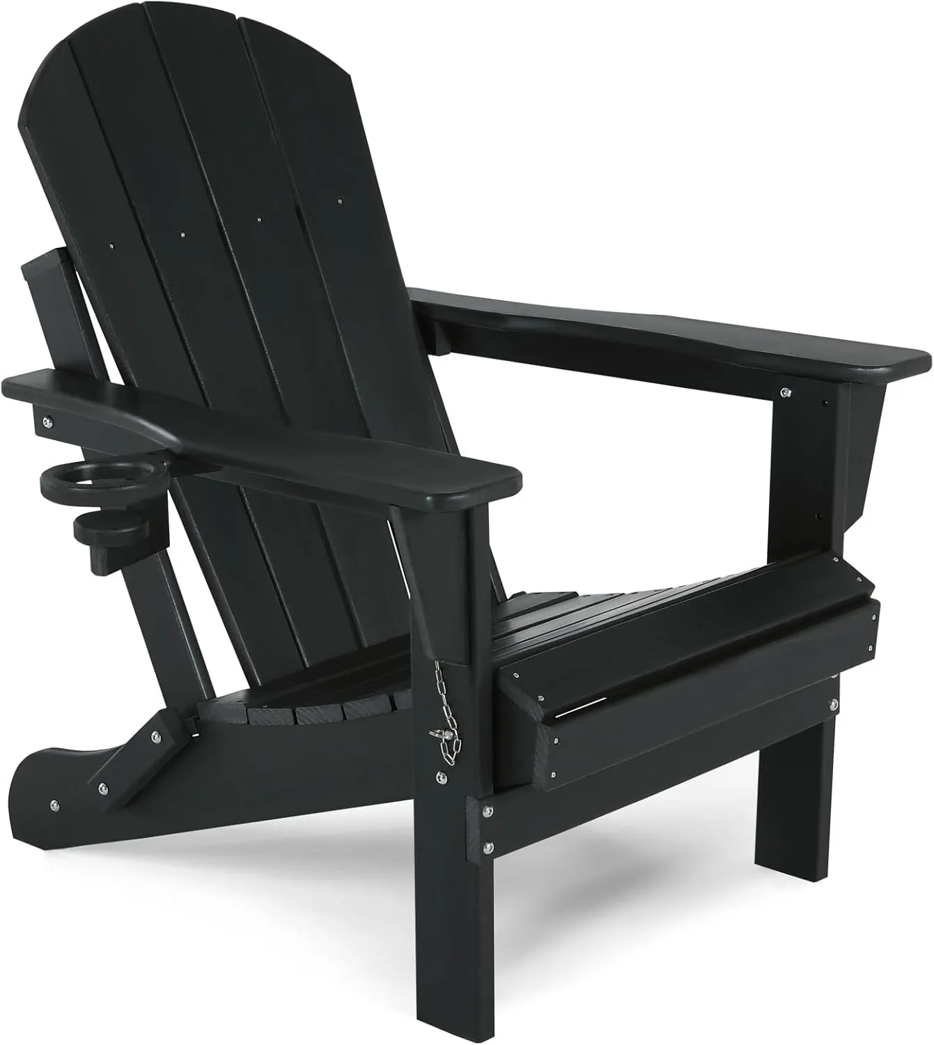 Folding Plastic Adirondack Chair - Outdoor Weather Resistant Adirondack Chairs with Cup Holder, Stackable Seating for Patio, Porch, Deck, Pool, Garden, Backyard (Seat Width 20", Black)