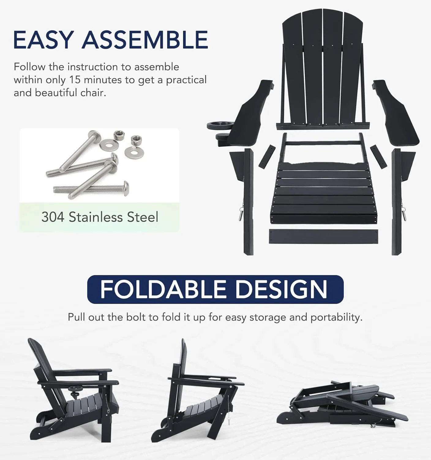 Folding Plastic Adirondack Chair - Outdoor Weather Resistant Adirondack Chairs with Cup Holder, Stackable Seating for Patio, Porch, Deck, Pool, Garden, Backyard (Seat Width 20", Black)