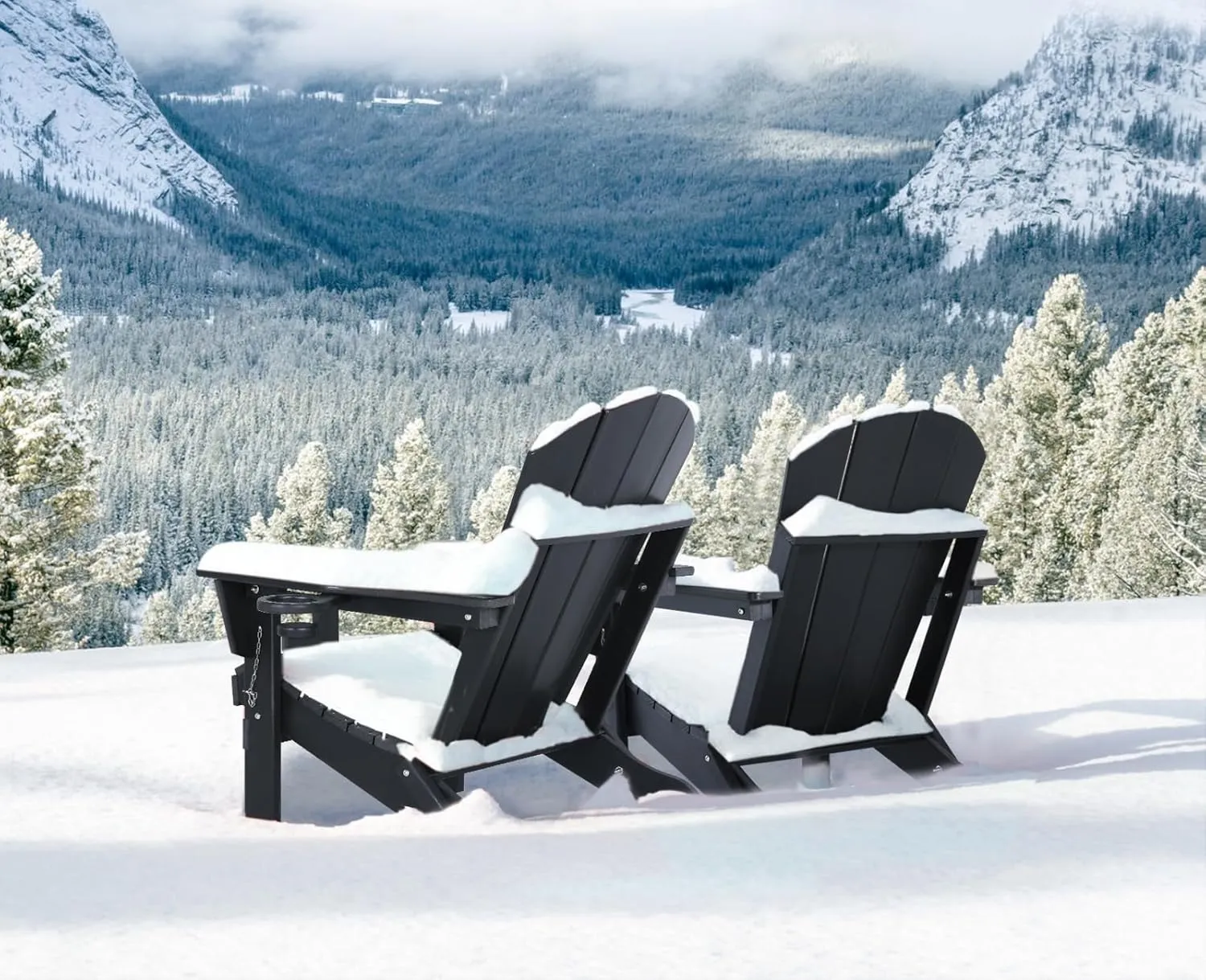 Folding Plastic Adirondack Chair - Outdoor Weather Resistant Adirondack Chairs with Cup Holder, Stackable Seating for Patio, Porch, Deck, Pool, Garden, Backyard (Seat Width 20", Black)