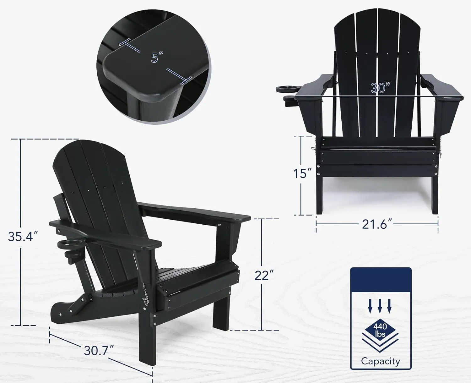 Folding Plastic Adirondack Chair - Outdoor Weather Resistant Adirondack Chairs with Cup Holder, Stackable Seating for Patio, Porch, Deck, Pool, Garden, Backyard (Seat Width 20", Black)