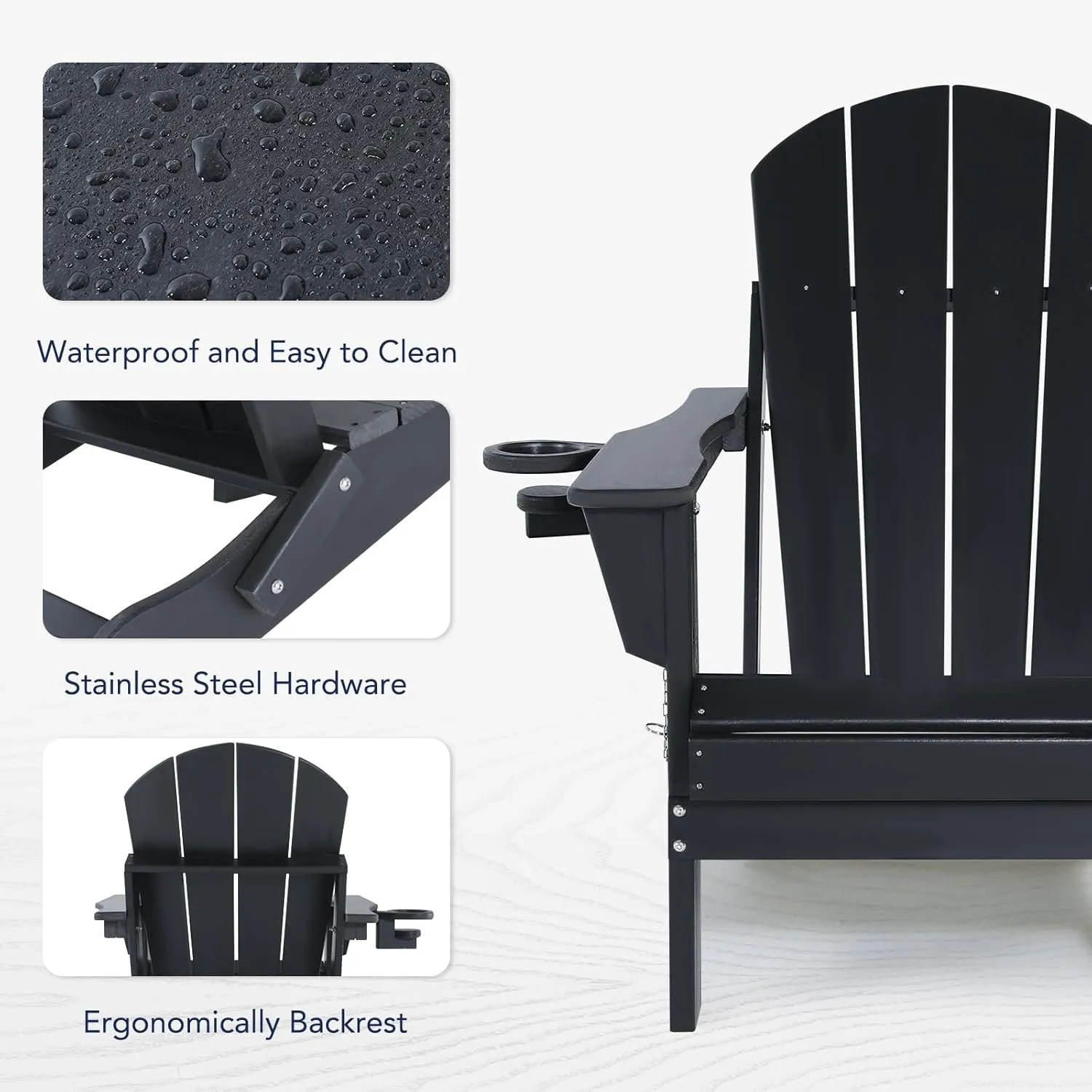 Folding Plastic Adirondack Chair - Outdoor Weather Resistant Adirondack Chairs with Cup Holder, Stackable Seating for Patio, Porch, Deck, Pool, Garden, Backyard (Seat Width 20", Black)