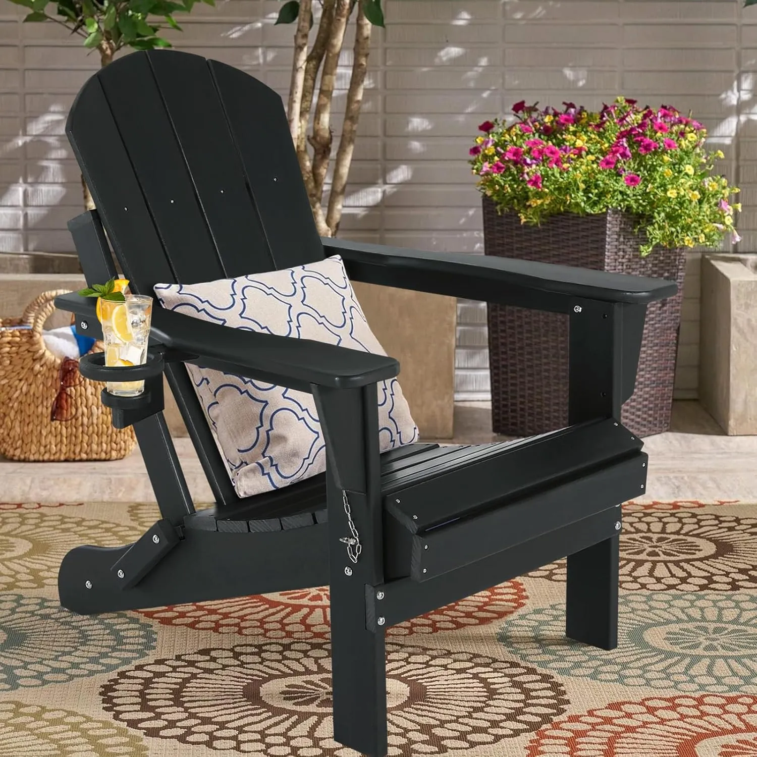 Folding Plastic Adirondack Chair - Outdoor Weather Resistant Adirondack Chairs with Cup Holder, Stackable Seating for Patio, Porch, Deck, Pool, Garden, Backyard (Seat Width 20", Black)