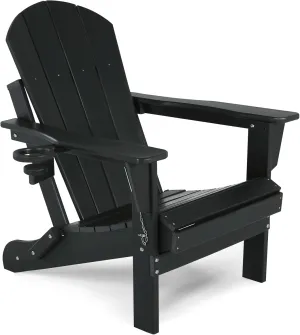 Folding Plastic Adirondack Chair - Outdoor Weather Resistant Adirondack Chairs with Cup Holder, Stackable Seating for Patio, Porch, Deck, Pool, Garden, Backyard (Seat Width 20", Black)