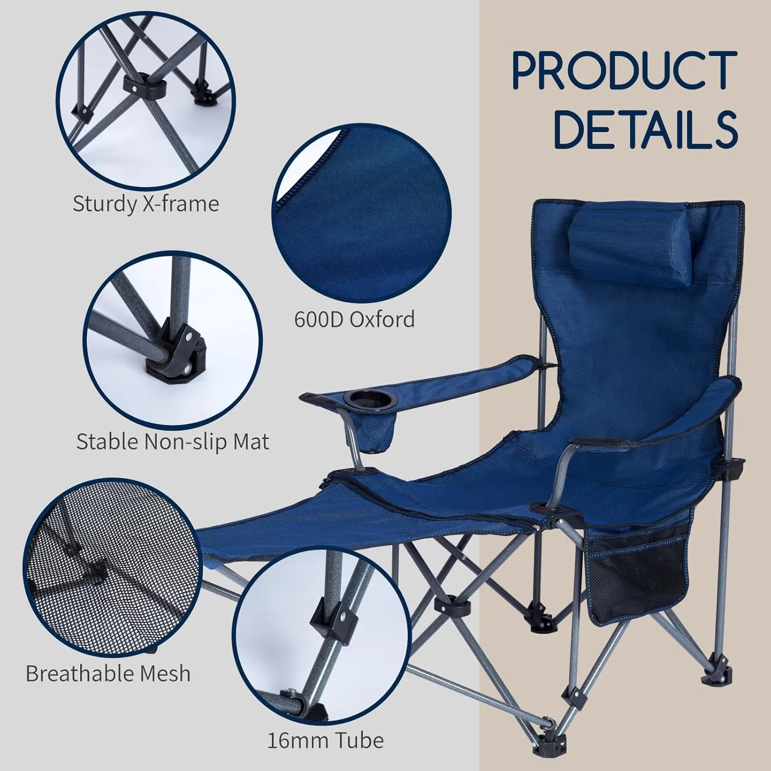 Folding Reclining Camping Chairs Footrest: 3 in 1 Portable Beach Lounge Chair Tanning Chairs with Backpack Lay Flat Lawn Chair Camping Furniture Camp Fishing Outdoor Carry Bag (Cloth Back, Navy Blue)