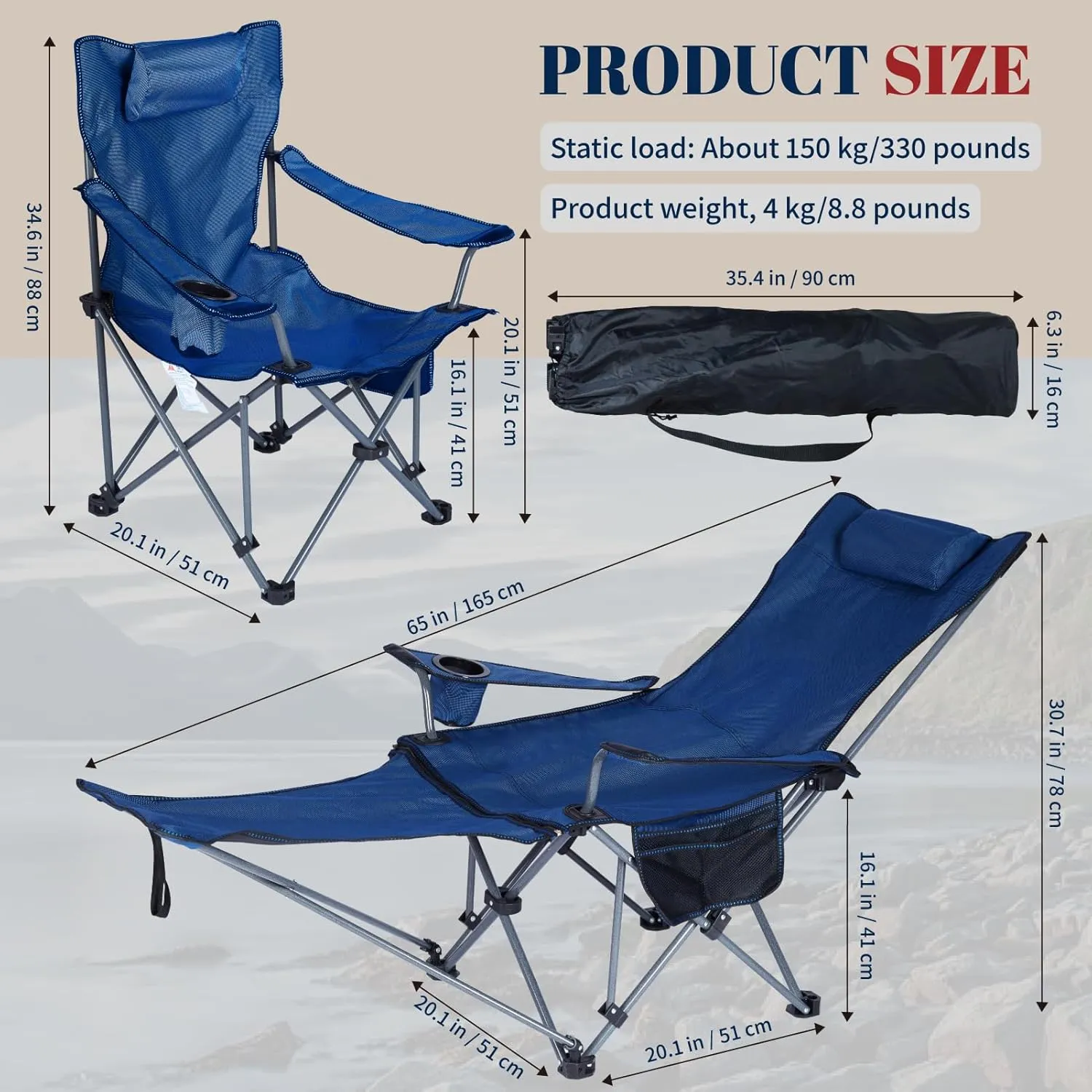 Folding Reclining Camping Chairs Footrest: 3 in 1 Portable Beach Lounge Chair Tanning Chairs with Backpack Lay Flat Lawn Chair Camping Furniture Camp Fishing Outdoor Carry Bag (Cloth Back, Navy Blue)