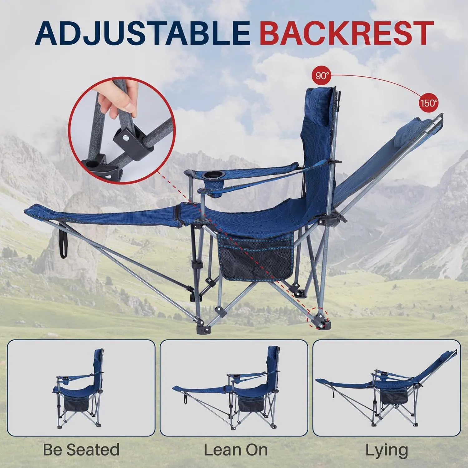 Folding Reclining Camping Chairs Footrest: 3 in 1 Portable Beach Lounge Chair Tanning Chairs with Backpack Lay Flat Lawn Chair Camping Furniture Camp Fishing Outdoor Carry Bag (Cloth Back, Navy Blue)