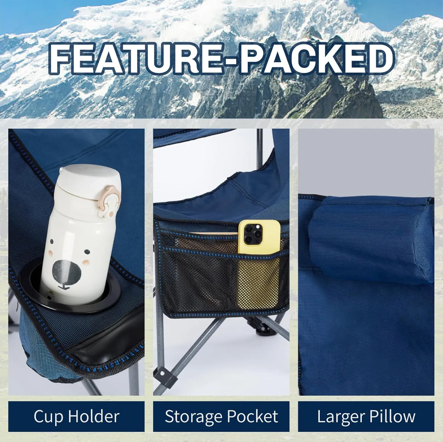 Folding Reclining Camping Chairs Footrest: 3 in 1 Portable Beach Lounge Chair Tanning Chairs with Backpack Lay Flat Lawn Chair Camping Furniture Camp Fishing Outdoor Carry Bag (Cloth Back, Navy Blue)