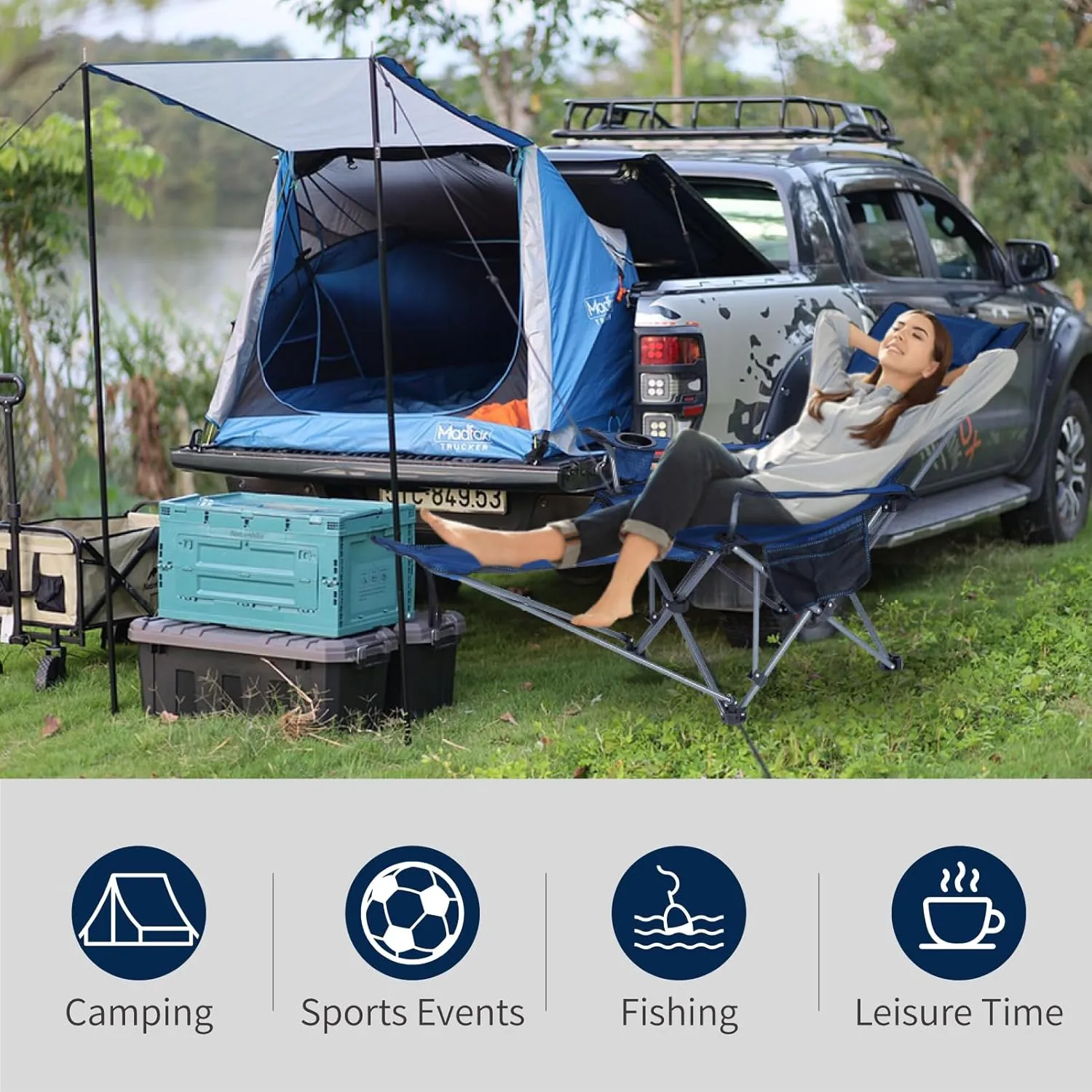 Folding Reclining Camping Chairs Footrest: 3 in 1 Portable Beach Lounge Chair Tanning Chairs with Backpack Lay Flat Lawn Chair Camping Furniture Camp Fishing Outdoor Carry Bag (Cloth Back, Navy Blue)
