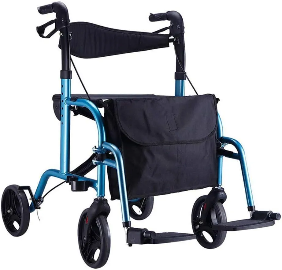 Folding Rollator 4 Wheels Walker Rollator Adjustable Height Adult Folding Transport Chair,Reversible Backrest,Detachable Footrests and Detachable Storage Bag for Elderly