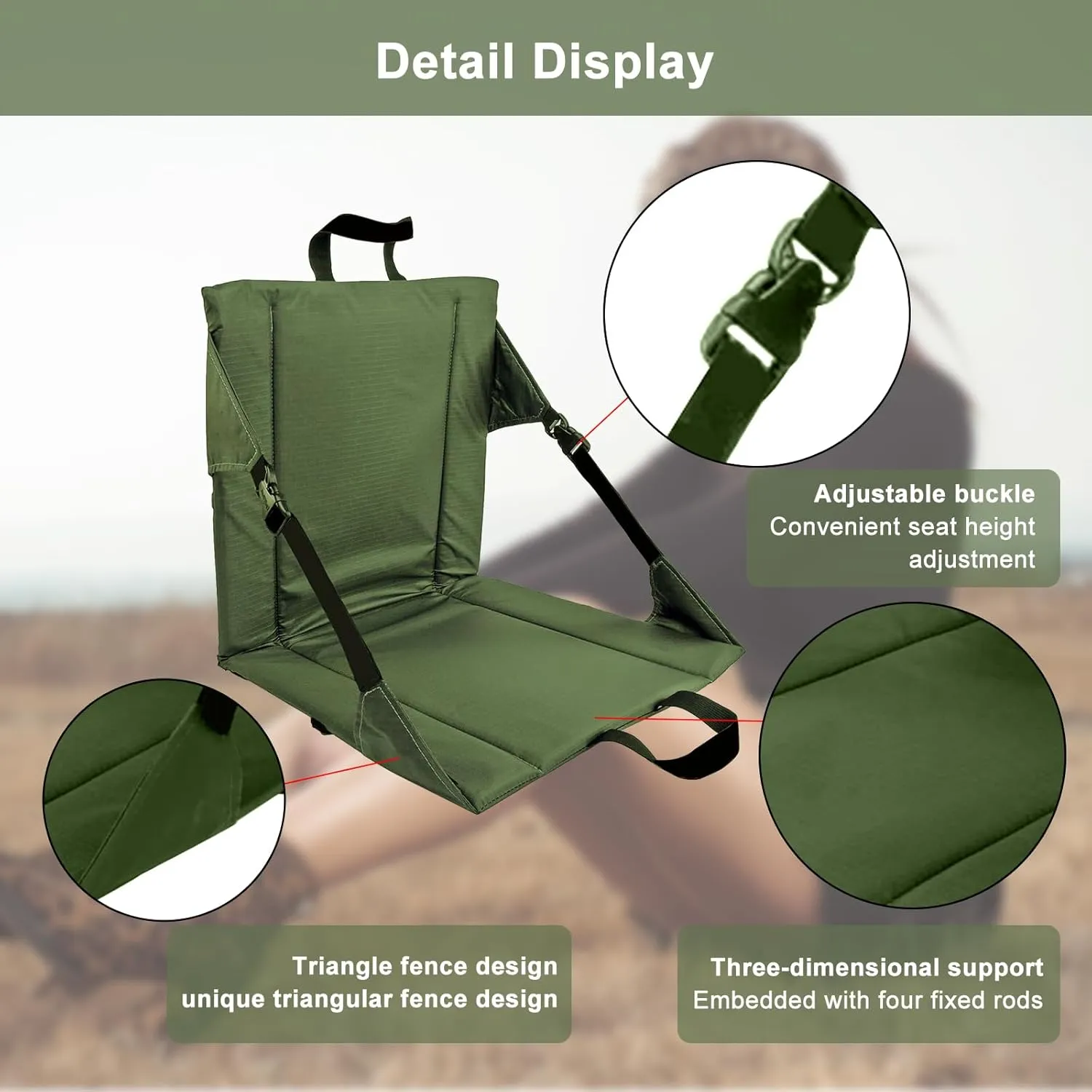 Folding Stadium Seat Cushion with Backrest, Portable Bleacher Pad for Camping, Fishing,15.8'' x 16.5'',Lightweight Chair with Backrest for Outdoor Sports and Concerts (Green)