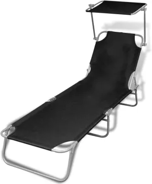 Folding Sun Lounger with Canopy Steel and Fabric Blacktanning Chair Camping Chairs Outdoor Lounge Chairs Patio chairsSuitable for Gardens, courtyards