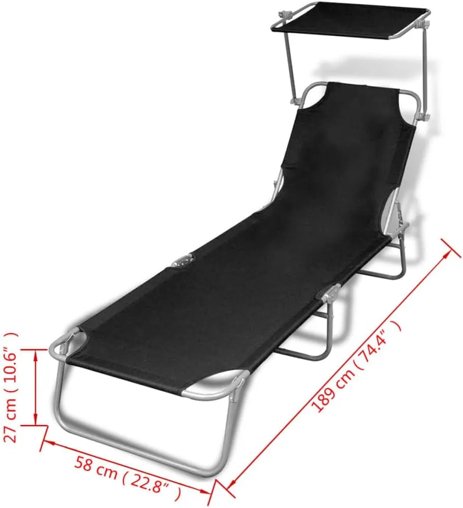 Folding Sun Lounger with Canopy Steel and Fabric Blacktanning Chair Camping Chairs Outdoor Lounge Chairs Patio chairsSuitable for Gardens, courtyards