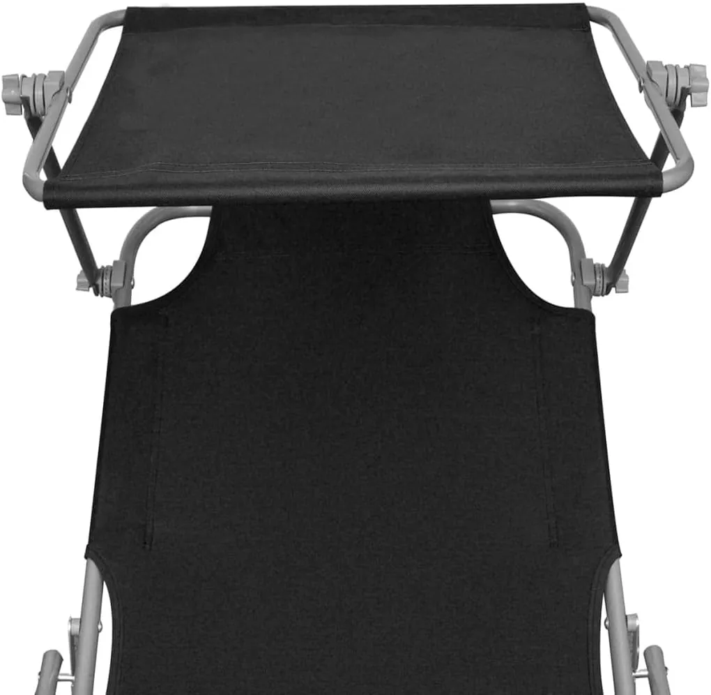 Folding Sun Lounger with Canopy Steel and Fabric Blacktanning Chair Camping Chairs Outdoor Lounge Chairs Patio chairsSuitable for Gardens, courtyards