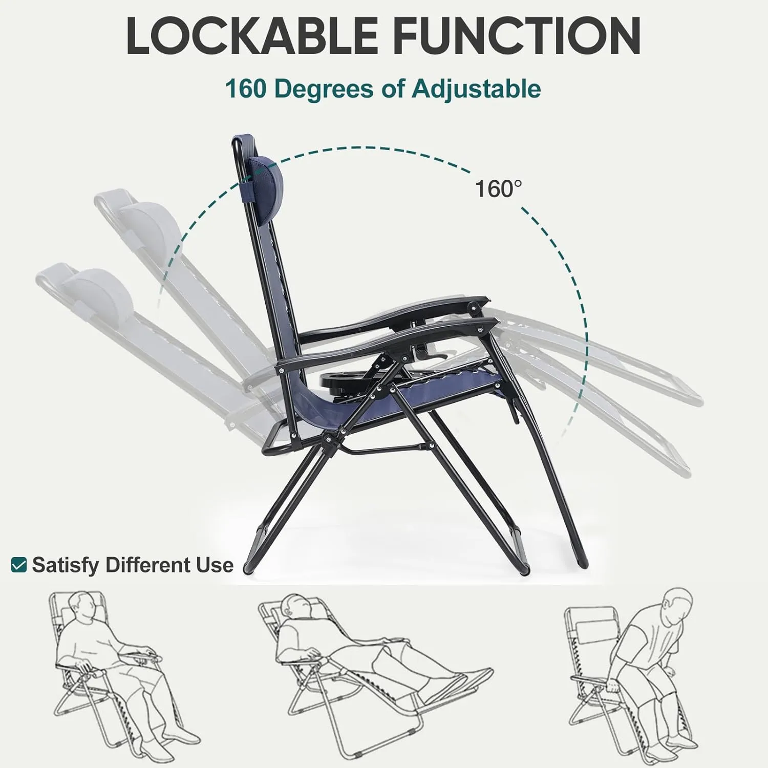 Folding Zero Gravity Chair, Set of 2 Outdoor Lounge Chairs, Portable Reclining Camping Chair with Adjustable Pillow and Cup Holder Trays for Patio Garden Lawn Beach, Classic Blue