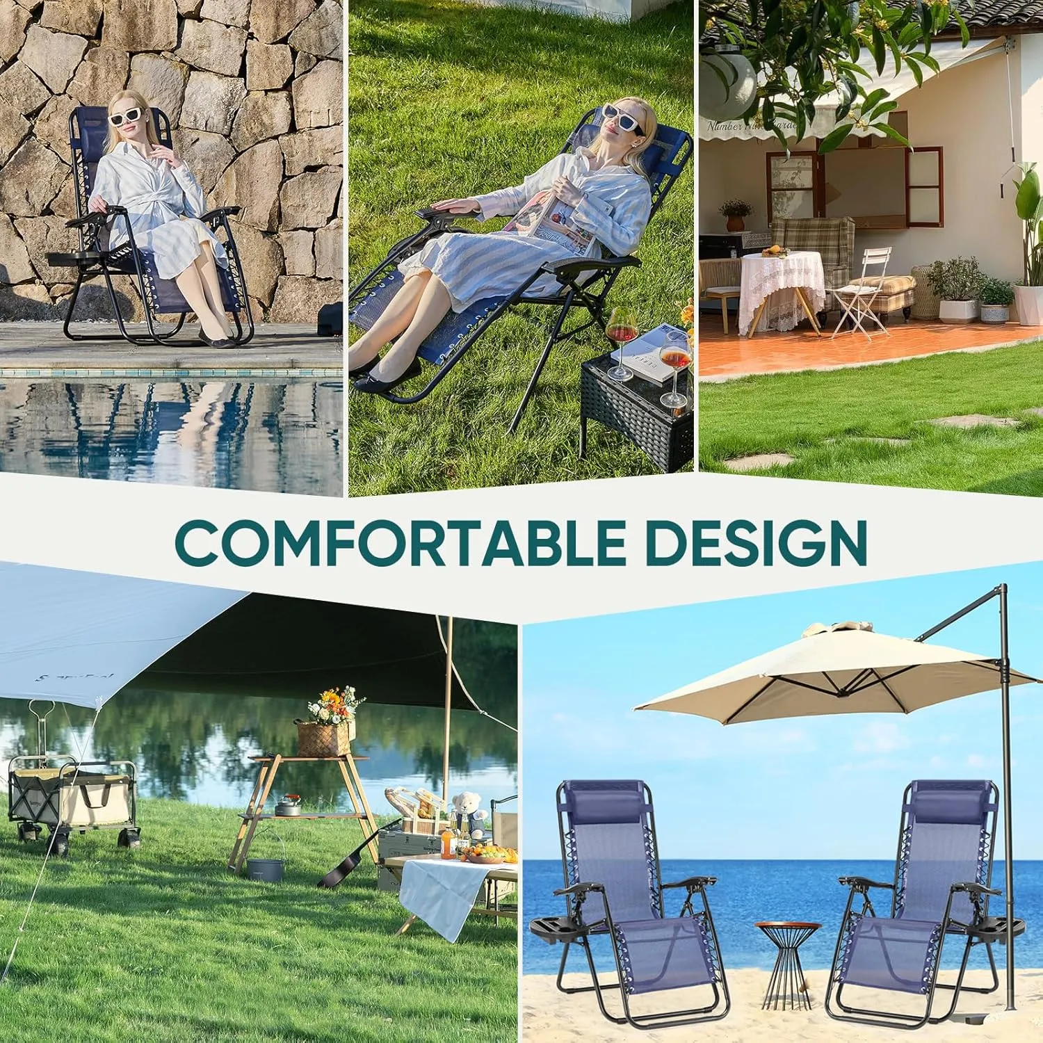 Folding Zero Gravity Chair, Set of 2 Outdoor Lounge Chairs, Portable Reclining Camping Chair with Adjustable Pillow and Cup Holder Trays for Patio Garden Lawn Beach, Classic Blue
