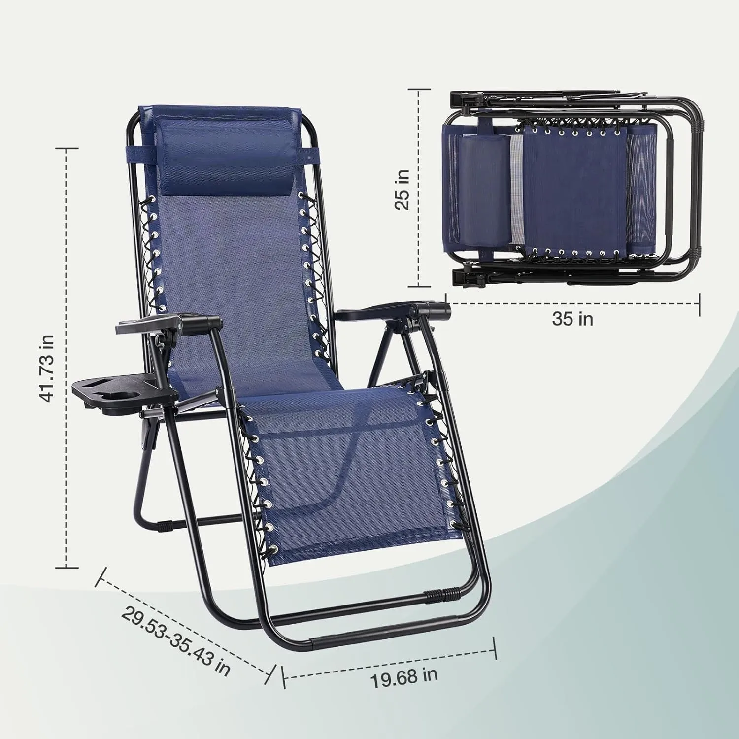 Folding Zero Gravity Chair, Set of 2 Outdoor Lounge Chairs, Portable Reclining Camping Chair with Adjustable Pillow and Cup Holder Trays for Patio Garden Lawn Beach, Classic Blue