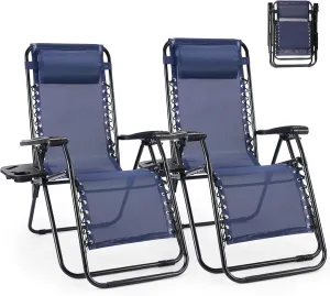 Folding Zero Gravity Chair, Set of 2 Outdoor Lounge Chairs, Portable Reclining Camping Chair with Adjustable Pillow and Cup Holder Trays for Patio Garden Lawn Beach, Classic Blue