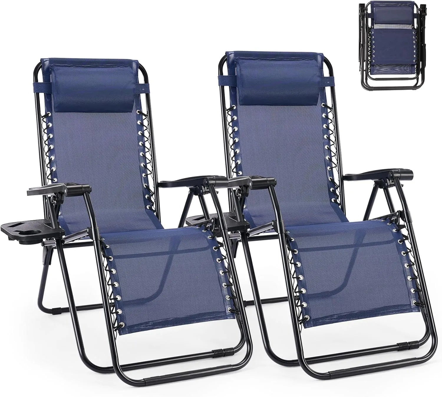Folding Zero Gravity Chair, Set of 2 Outdoor Lounge Chairs, Portable Reclining Camping Chair with Adjustable Pillow and Cup Holder Trays for Patio Garden Lawn Beach, Classic Blue
