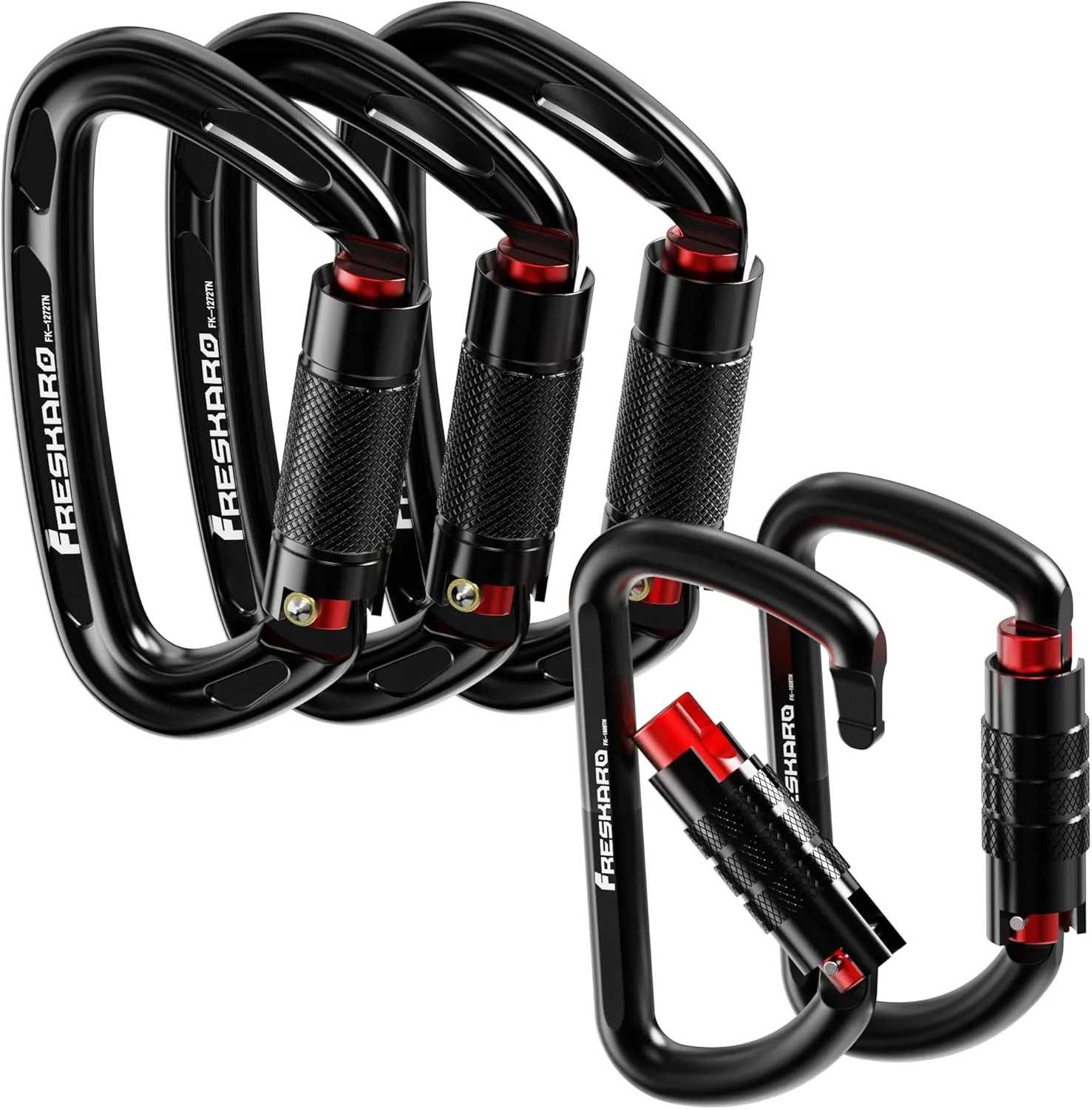 FresKaro 3pcs 25kN Climbing Carabiners with 2pcs 12kN Twist Lock Carabiners, Black Color