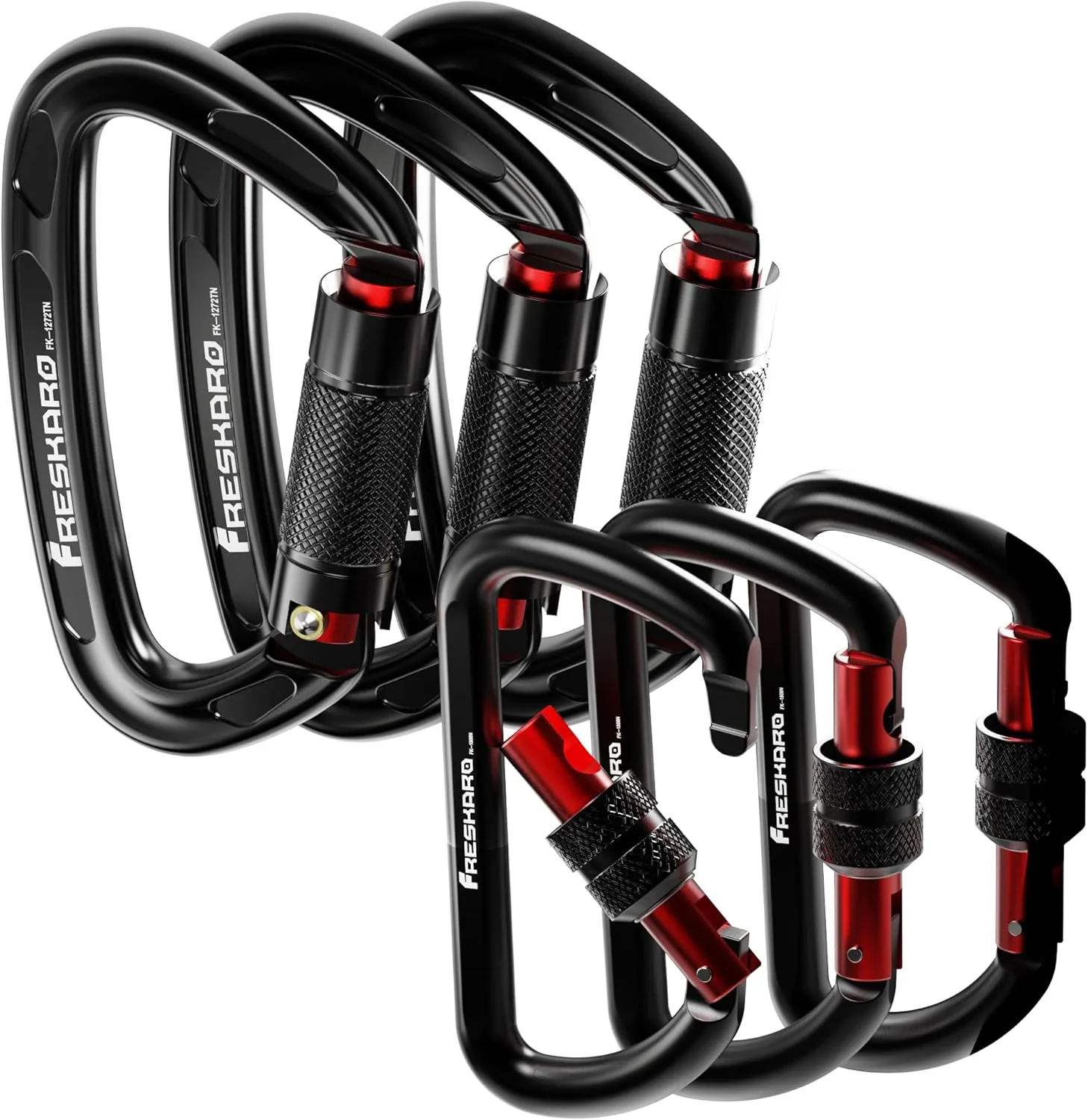 FresKaro 3pcs 25KN Climbing Carabiners with 3pcs 3Inch Screw-Locking Carabiners for Keychain and Backpack, Black Color