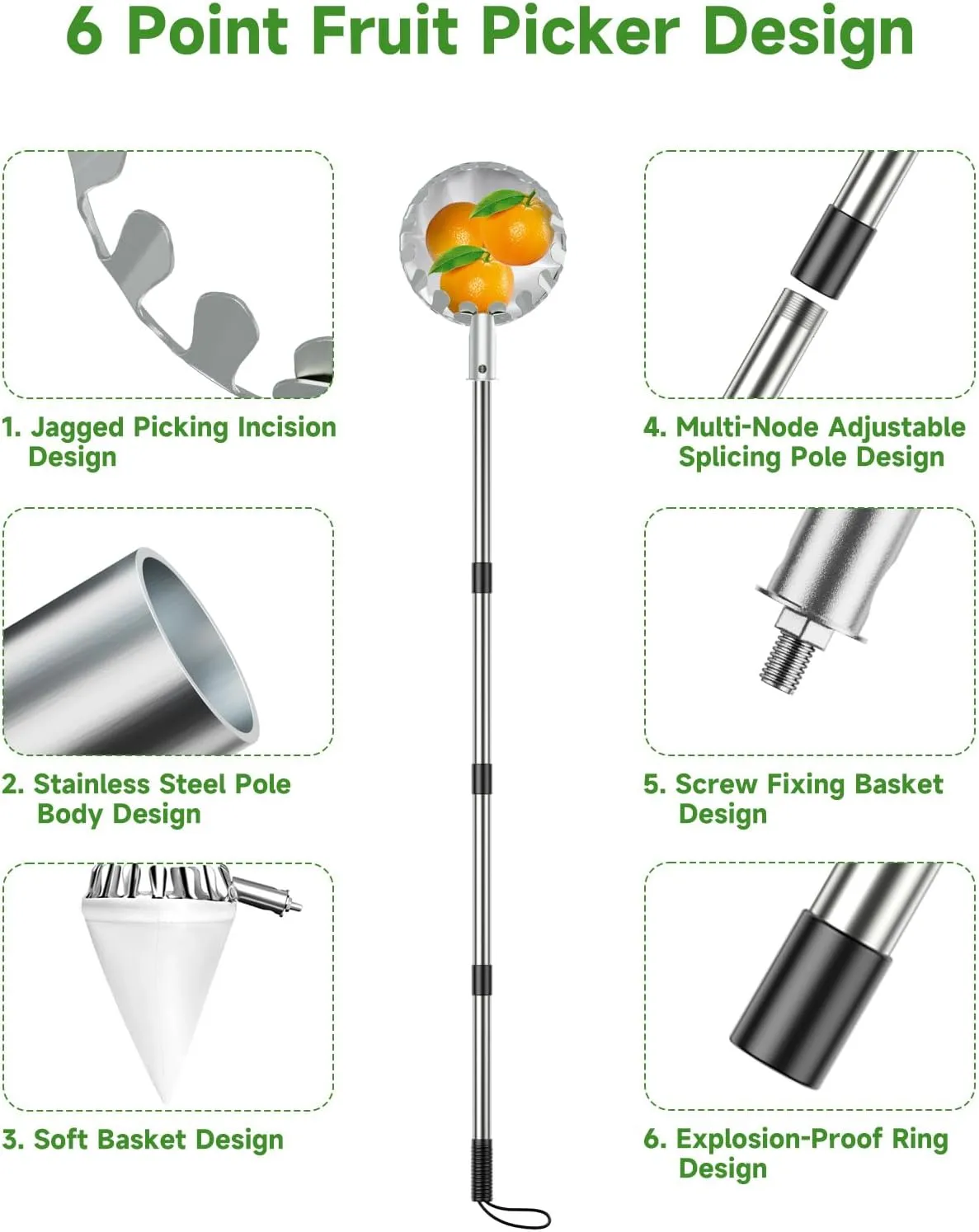Fruit Picker Pole with Basket, 13 FT Adjustable Pole with Soft Bag for Apple, Pear, Lemon, Orange, Apricot, Mango, Limes, Nectarines, Grapefruit, Plums, Cherry, Persimmons Tree Picker