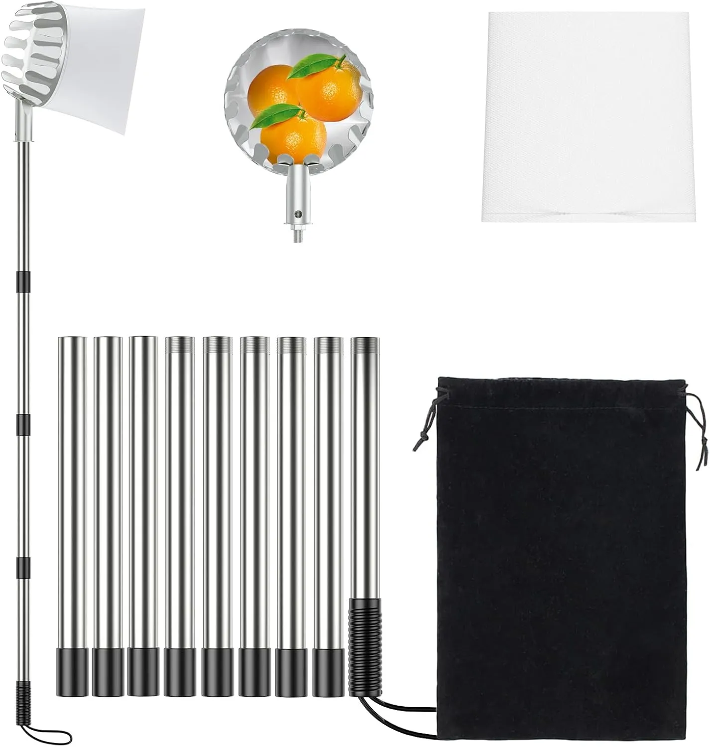 Fruit Picker Pole with Basket, 13 FT Adjustable Pole with Soft Bag for Apple, Pear, Lemon, Orange, Apricot, Mango, Limes, Nectarines, Grapefruit, Plums, Cherry, Persimmons Tree Picker