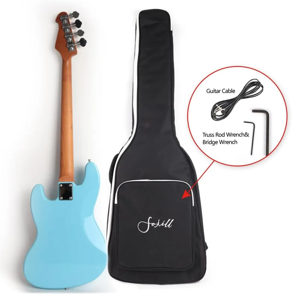 Full Size Standard Electric Bass Guitar Four 4 String Right Hand Handed Solid Basswood Body Roasted Canadian Maple Neck Genuine Rosewood Fretboard Fingerboard with Gig Bag