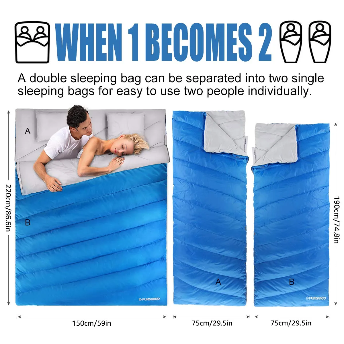 FUNDANGO 3-in-1 XL Queen Double Sleeping Bag with 2 Pillows