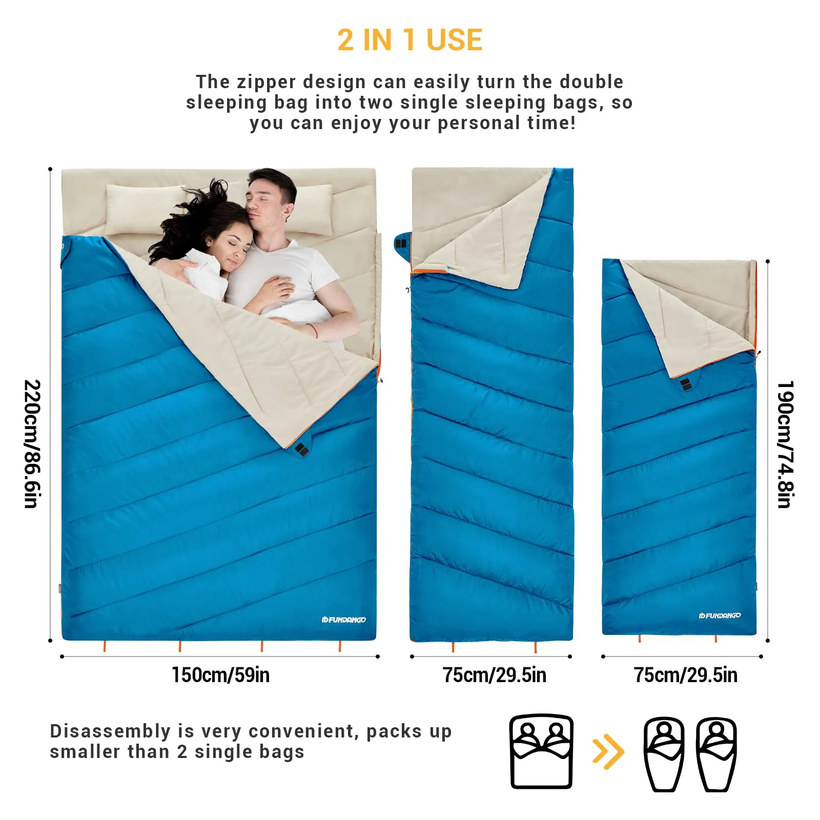 FUNDANGO 3-in-1 XL Queen Double Sleeping Bag with 2 Pillows