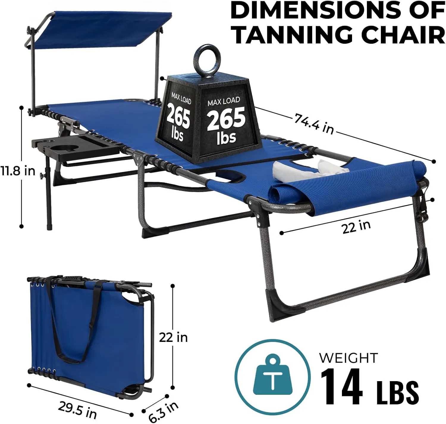 FUNDANGO 4 in 1 Tanning Chair with Face Hole, Beach Lounge Chair w/Canopy Shade & Side Table Chaise Lounge Chairs for Patio, Pool, Lawn, Sunbathing, 5-Position Adjustable Sun Lounger, Blue