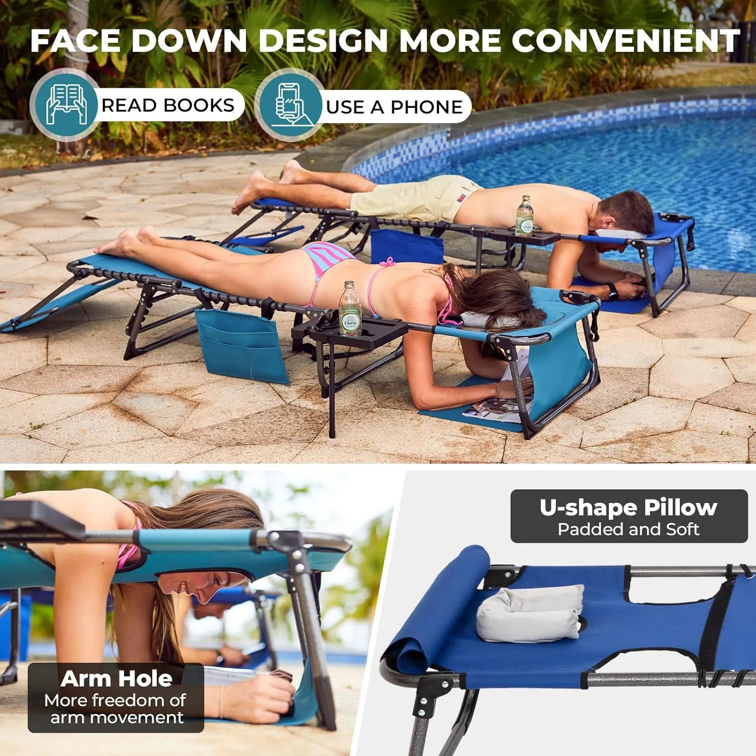 FUNDANGO 4 in 1 Tanning Chair with Face Hole, Beach Lounge Chair w/Canopy Shade & Side Table Chaise Lounge Chairs for Patio, Pool, Lawn, Sunbathing, 5-Position Adjustable Sun Lounger, Blue