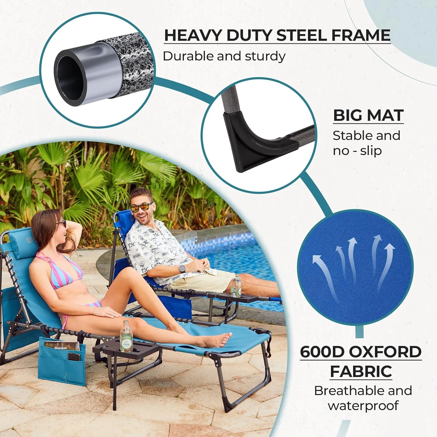 FUNDANGO 4 in 1 Tanning Chair with Face Hole, Beach Lounge Chair w/Canopy Shade & Side Table Chaise Lounge Chairs for Patio, Pool, Lawn, Sunbathing, 5-Position Adjustable Sun Lounger, Blue
