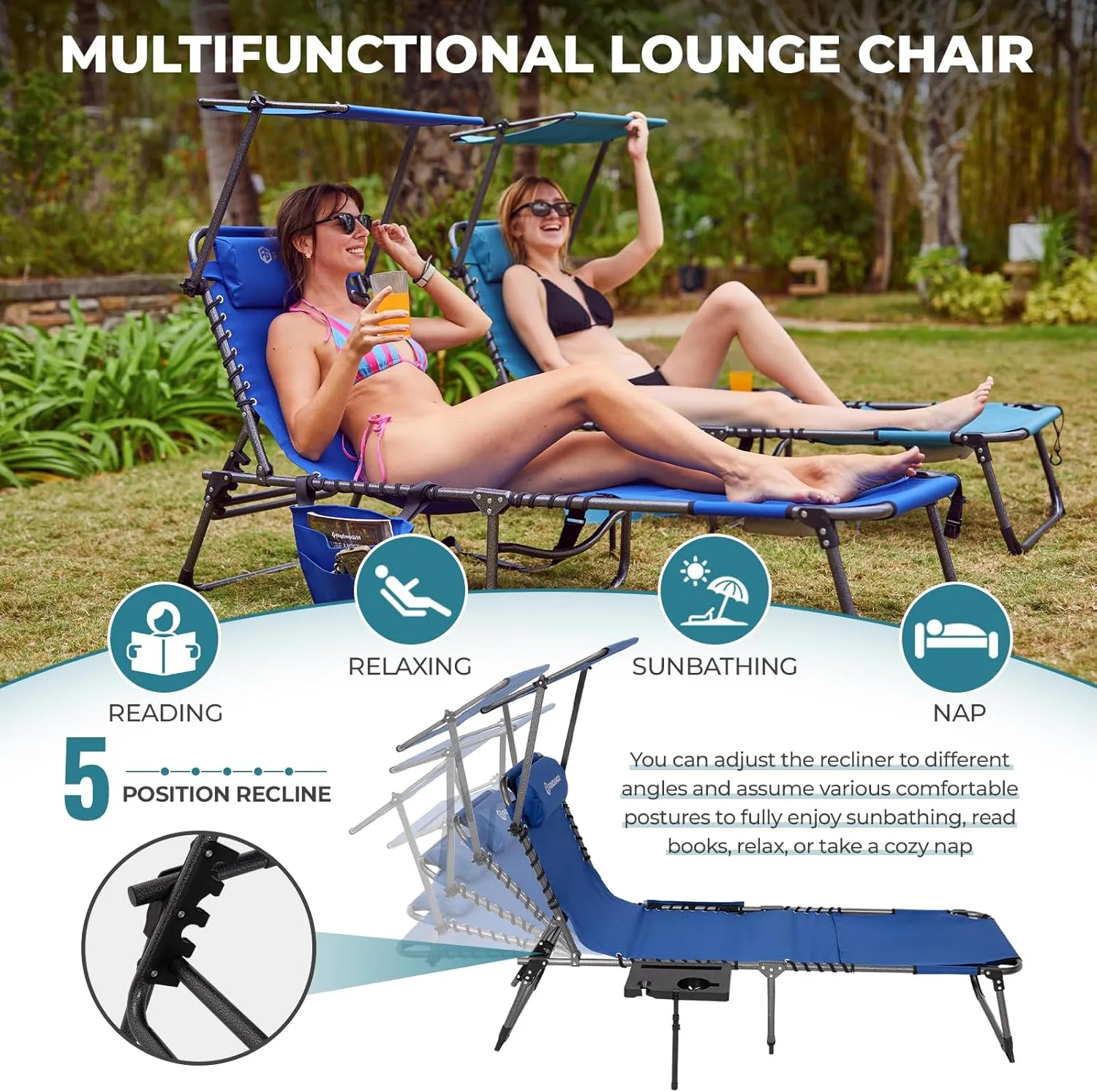 FUNDANGO 4 in 1 Tanning Chair with Face Hole, Beach Lounge Chair w/Canopy Shade & Side Table Chaise Lounge Chairs for Patio, Pool, Lawn, Sunbathing, 5-Position Adjustable Sun Lounger, Blue