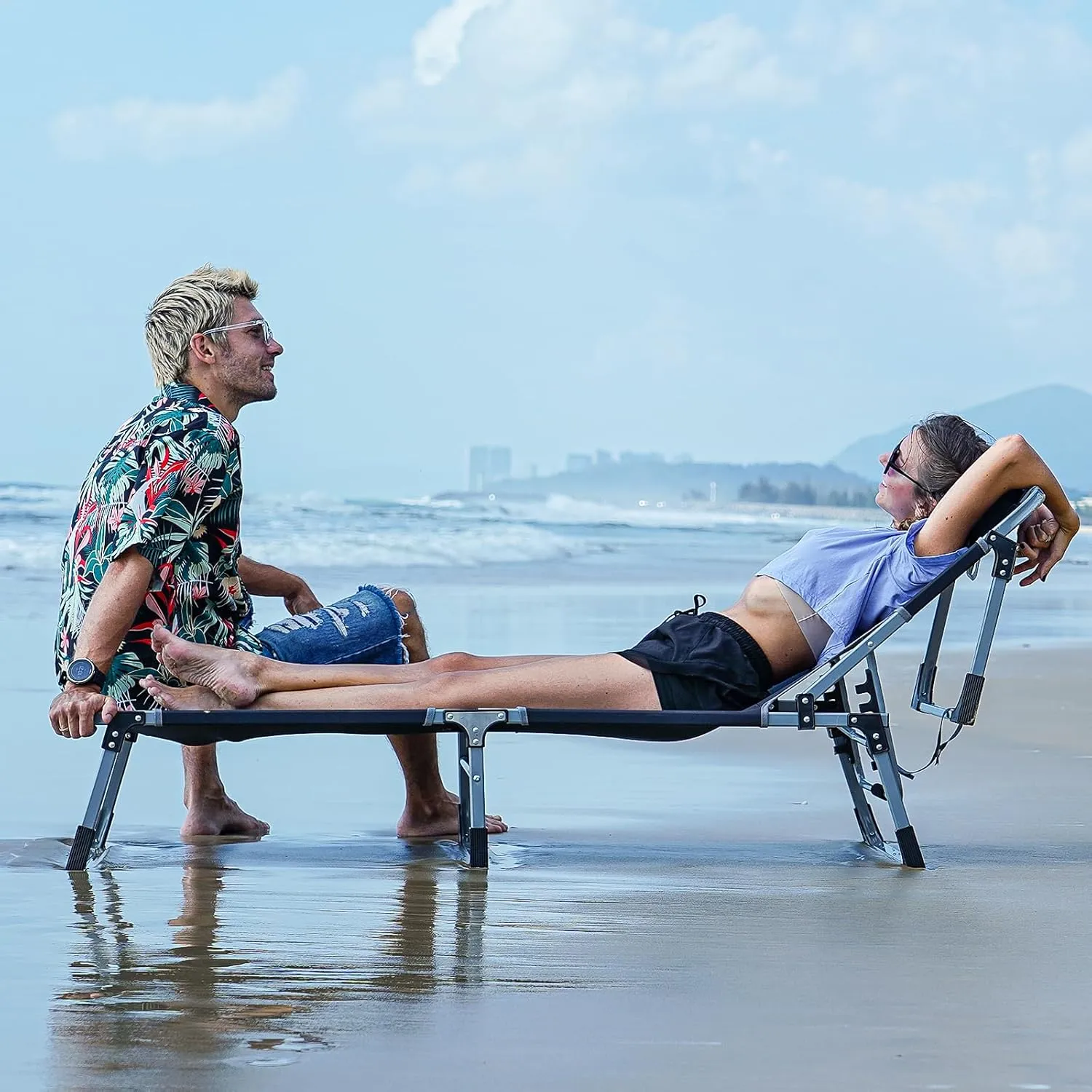 FUNDANGO Oversized Chaise Lounge Chair Outdoor, Extra Wide Portable Folding Lounges Chairs with Pillow for Outside Beach Camping Pool Sunbathing Patio