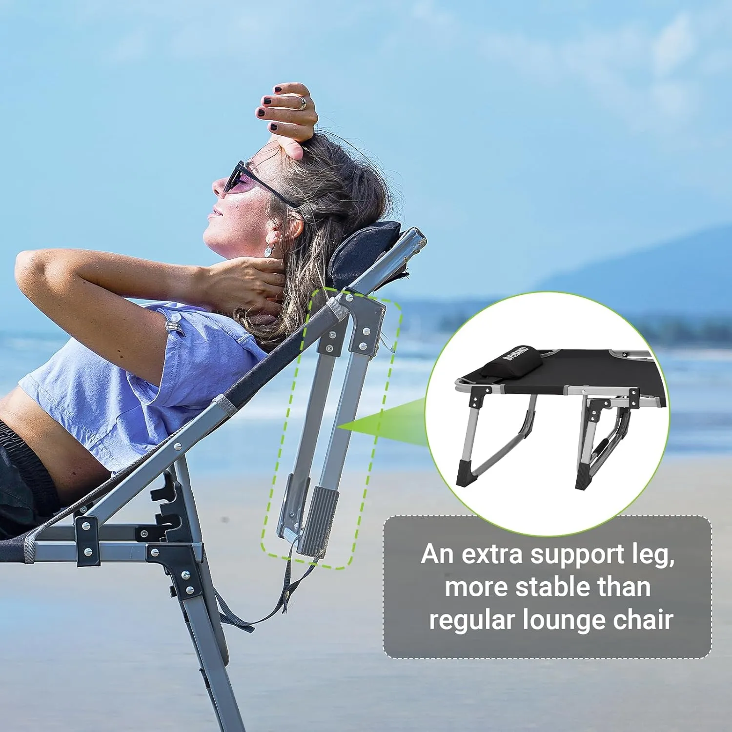 FUNDANGO Oversized Chaise Lounge Chair Outdoor, Extra Wide Portable Folding Lounges Chairs with Pillow for Outside Beach Camping Pool Sunbathing Patio