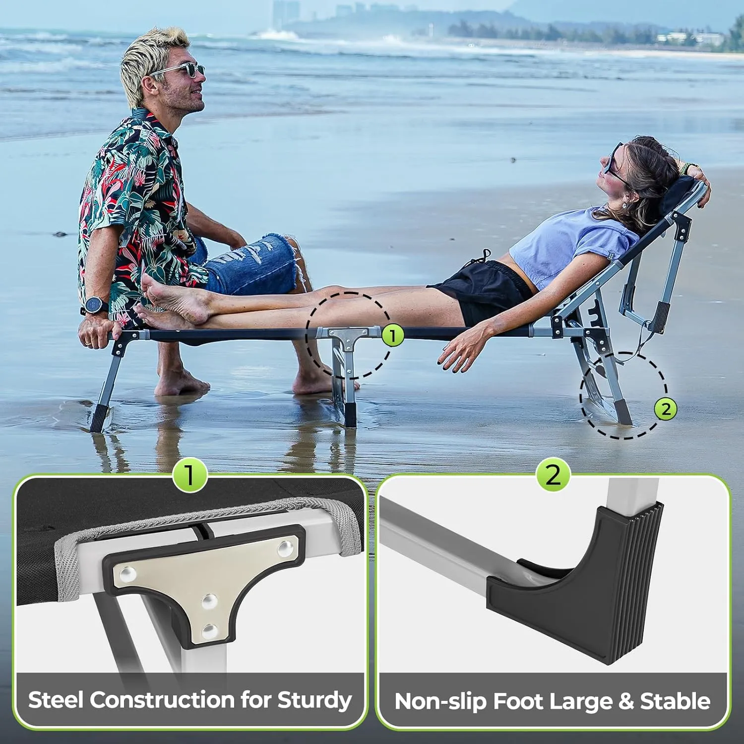 FUNDANGO Oversized Chaise Lounge Chair Outdoor, Extra Wide Portable Folding Lounges Chairs with Pillow for Outside Beach Camping Pool Sunbathing Patio