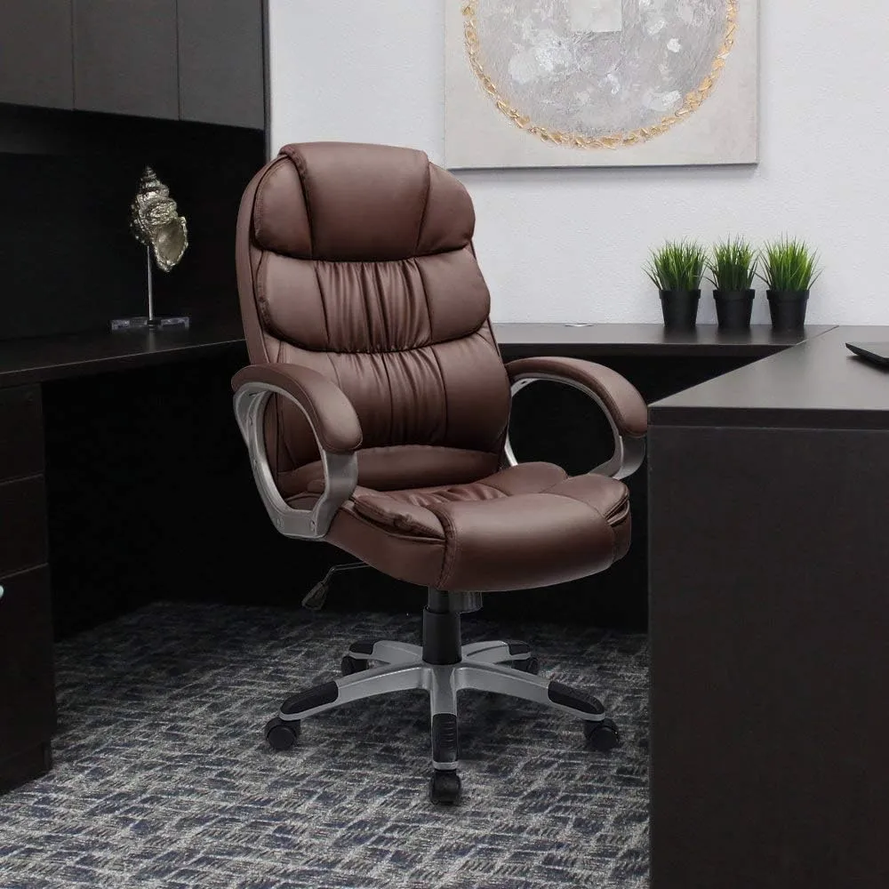 Furmax Leather High Back Office Chair Ergonomic Executive Office Chair Swivel Computer Desk Chair Lumbar Support Soft Cushioned Padded Arms (Brown)