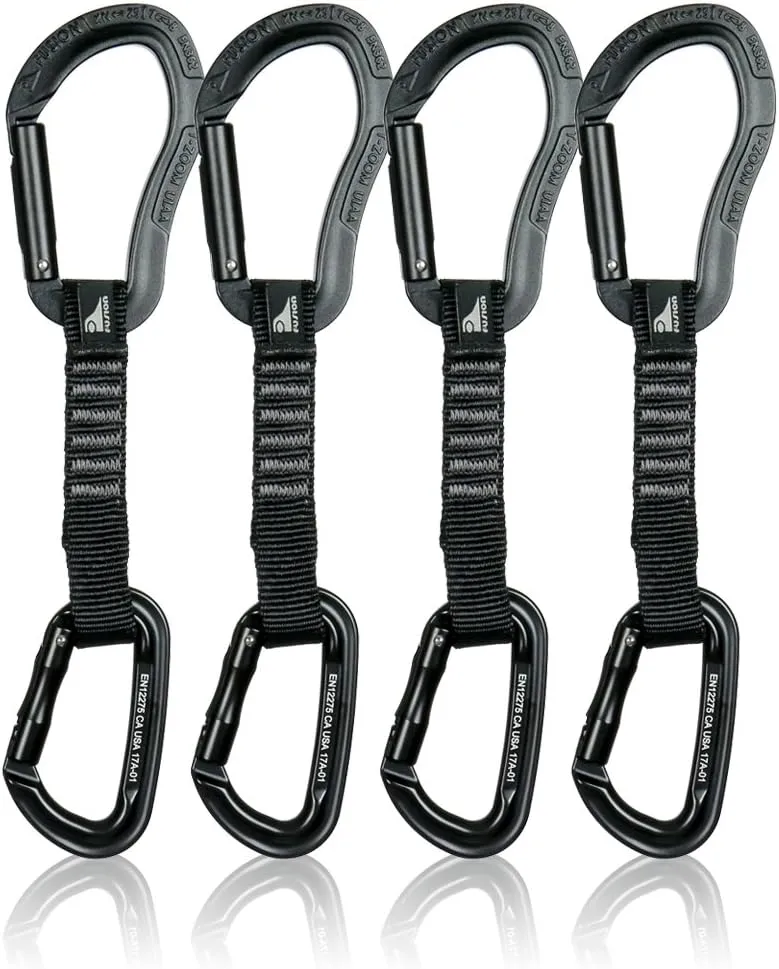 Fusion Climb 4-Pack 12cm Tactical Military Rescue Quickdraw Set with Techno Zoom Straight Gate Black/Contigua Straight Gate Black Carabiners