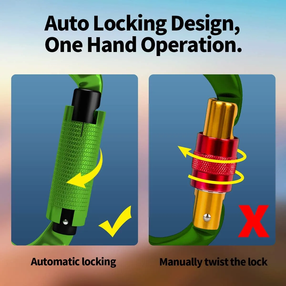 FVW Auto Locking Rock Climbing Carabiner Clips,Professional 25KN (5620 lbs) Heavy Duty Caribeaners for Rappelling Swing Rescue & Gym etc, Large D-Shaped Carabiners