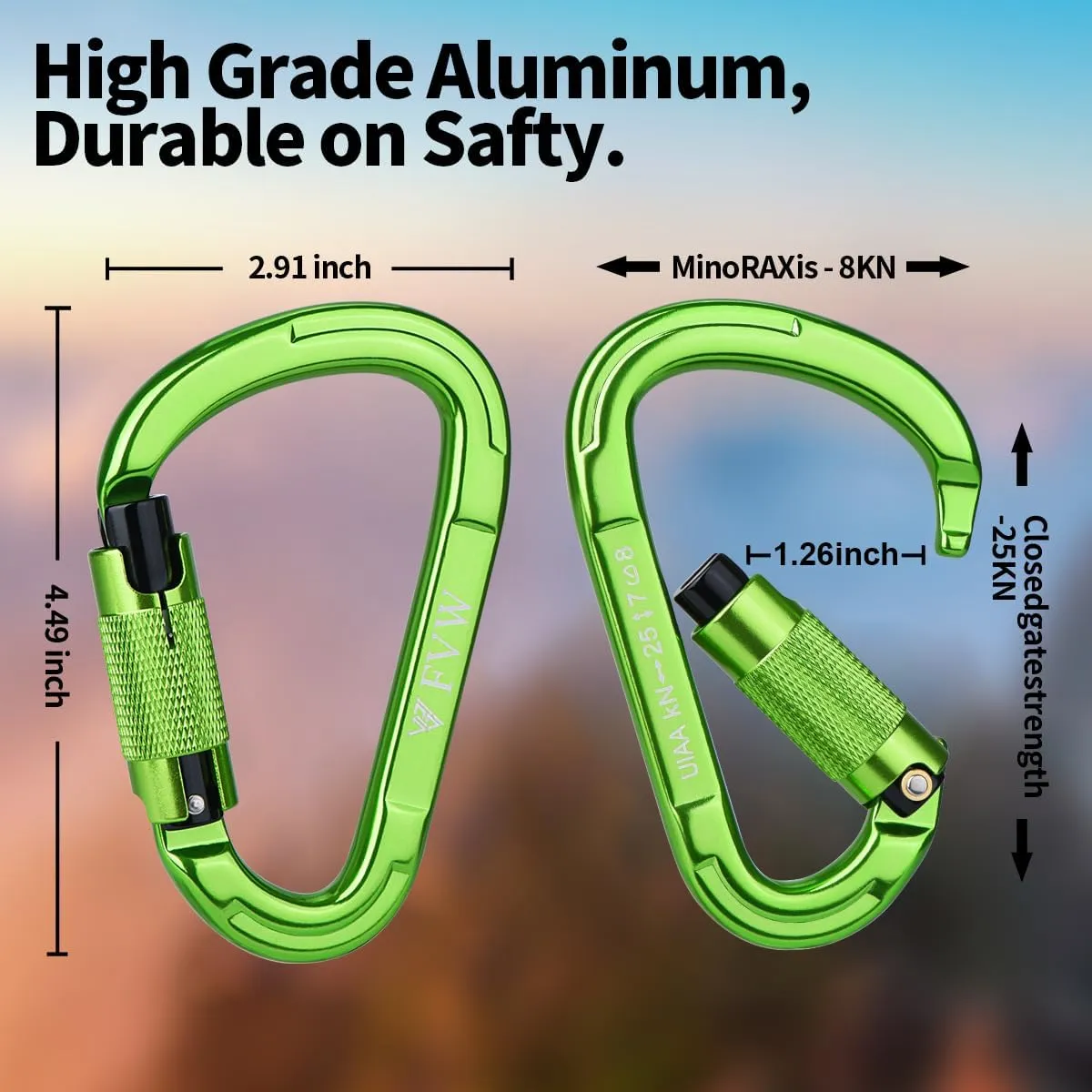 FVW Auto Locking Rock Climbing Carabiner Clips,Professional 25KN (5620 lbs) Heavy Duty Caribeaners for Rappelling Swing Rescue & Gym etc, Large D-Shaped Carabiners