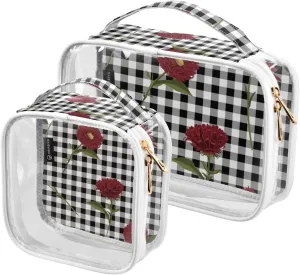 GAIGEO Floral Red Blooming on Gingham Clear Makeup Bag Set, Cosmetic Bag Clear, Travel Accessories Bags, 2 Pack