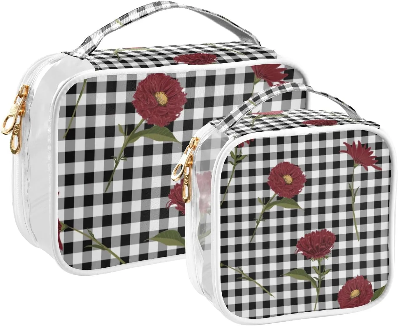 GAIGEO Floral Red Blooming on Gingham Clear Makeup Bag Set, Cosmetic Bag Clear, Travel Accessories Bags, 2 Pack