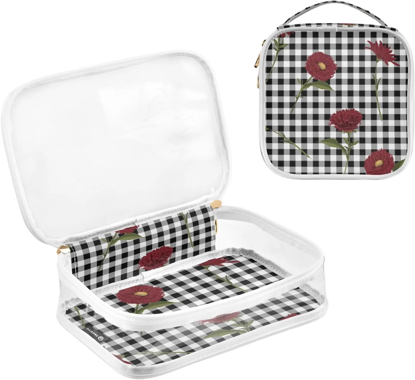 GAIGEO Floral Red Blooming on Gingham Clear Makeup Bag Set, Cosmetic Bag Clear, Travel Accessories Bags, 2 Pack