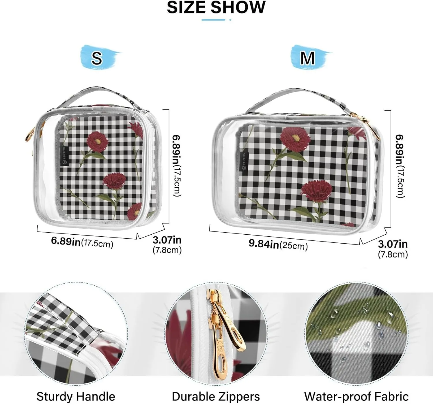 GAIGEO Floral Red Blooming on Gingham Clear Makeup Bag Set, Cosmetic Bag Clear, Travel Accessories Bags, 2 Pack