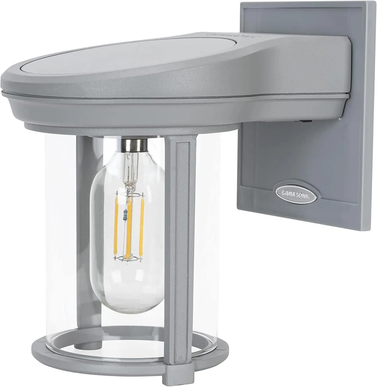 Gama Sonic Solar Coach Wall Lantern, Outdoor Solar Lamp with Edison Bulb and Glass Dome, Gray (1BE40810)