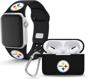Game Time Pittsburgh Steelers Silicone Watch Band and Case Cover Combo Package Compatible with Apple Watch and AirPods Pro