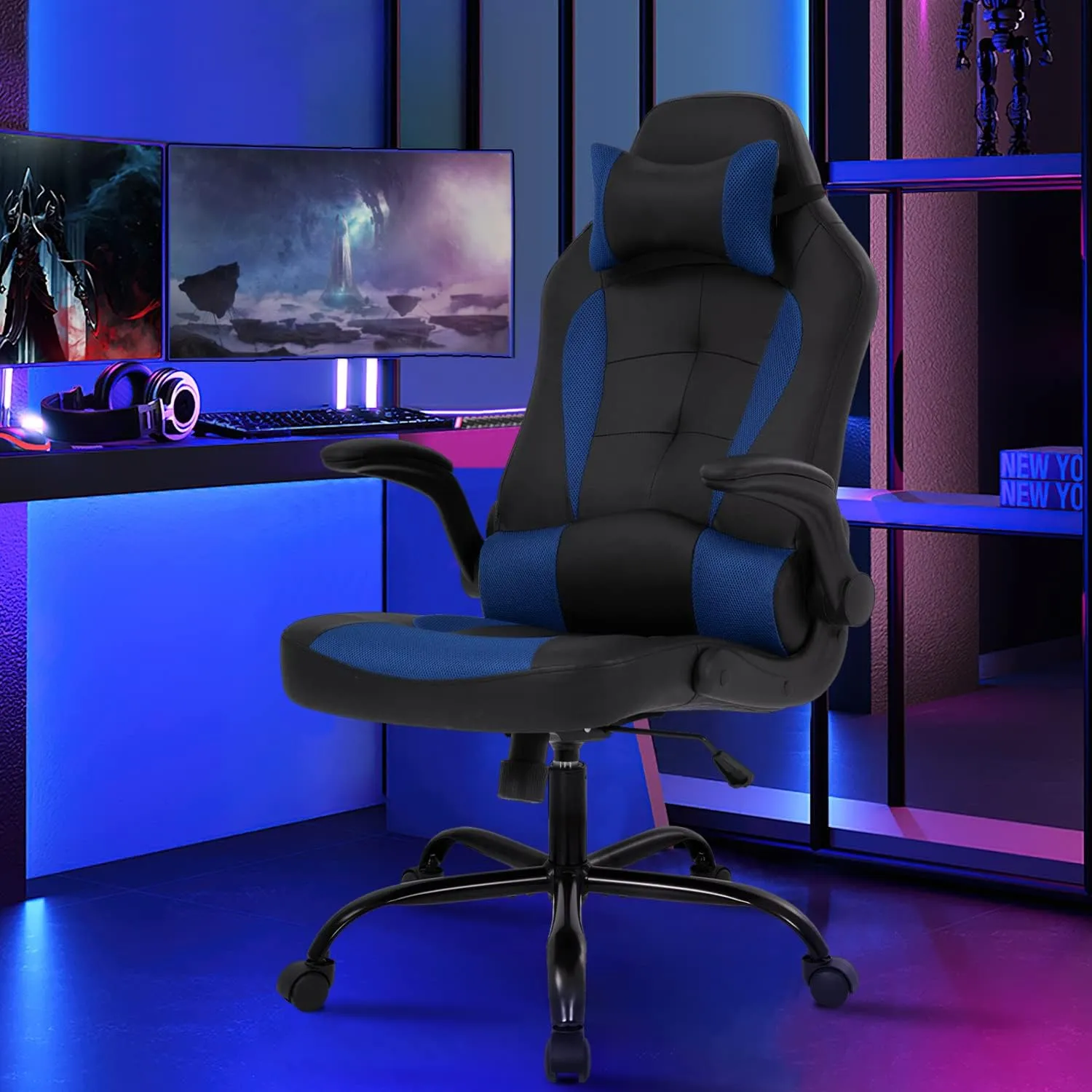 Gaming Chairs for Adults PU Leather Swivel Rolling Adjustable Game Chair with Lumbar Support Flip Up Arms Headrest for Adults Women Men Video Game Chairs Ergonomic Gaming Chair