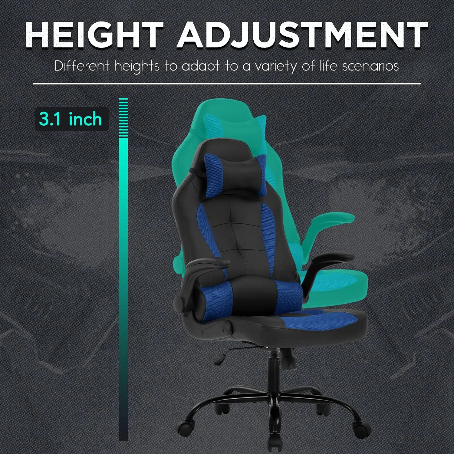 Gaming Chairs for Adults PU Leather Swivel Rolling Adjustable Game Chair with Lumbar Support Flip Up Arms Headrest for Adults Women Men Video Game Chairs Ergonomic Gaming Chair