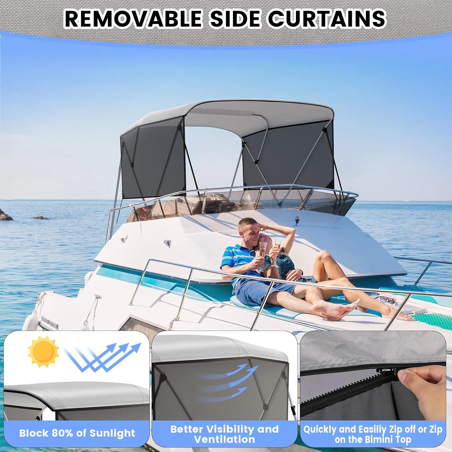 GAOMON 3 Bow Bimini Tops with Mesh Sidewalls Support Poles for Boats Durable Marine Grade Canvas Top Includes 2 Straps Storage Boot 1 Inch Aluminum Frame (3 Bow 6'L x 46" H x 73"-78" W)